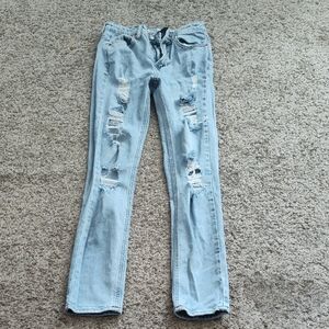 Trendy Light Blue Distressed Straight Leg Jeans